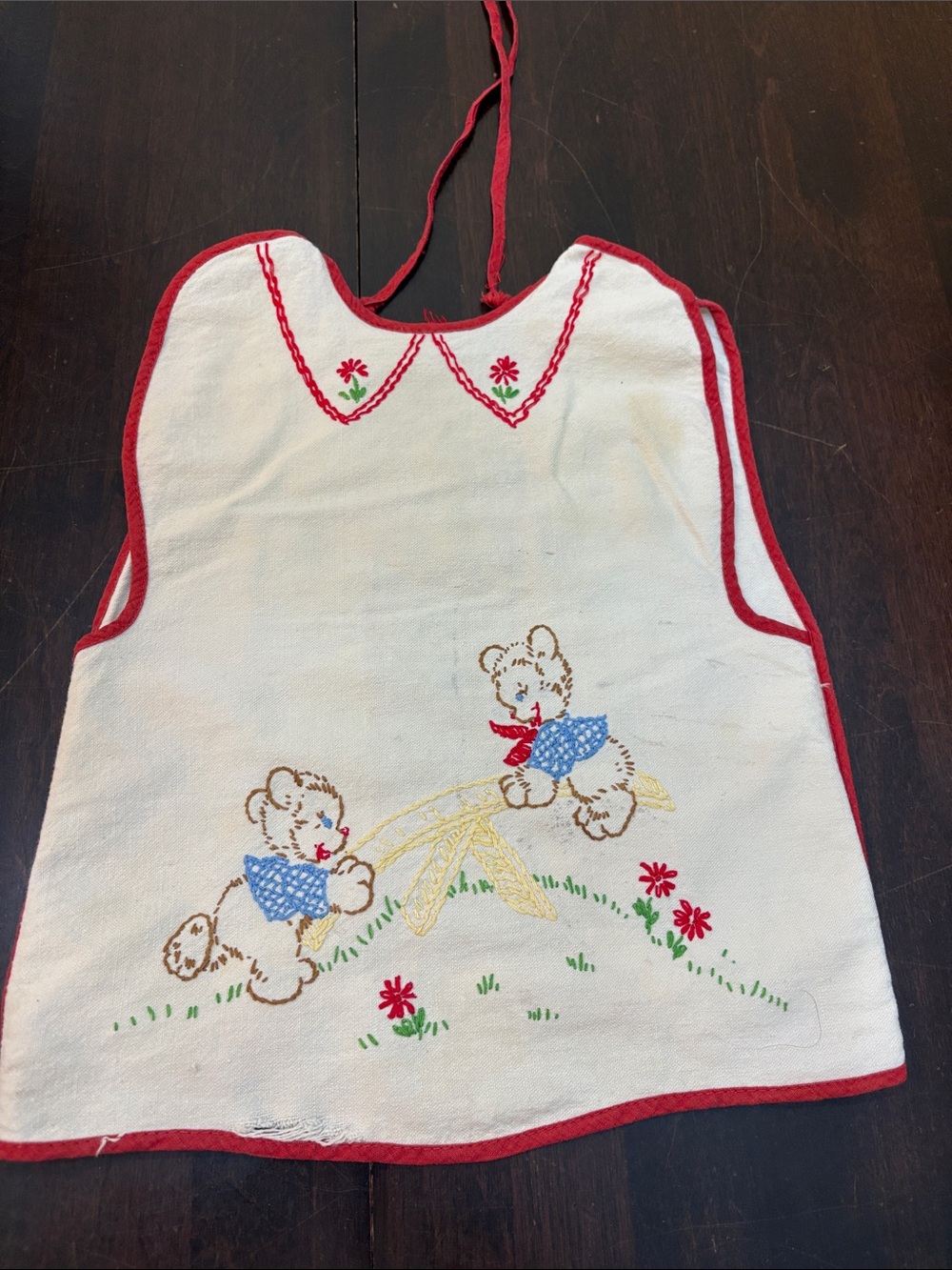 Vintage White and Red Bib Apron with Embroidered Teddy Bears